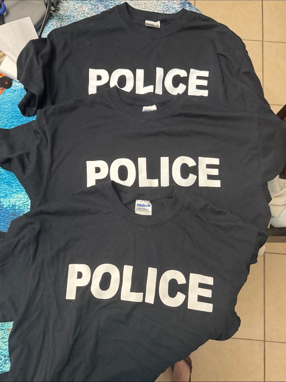 Gildan Black Tee men’s with Bold White "POLICE" Print front and back set of 3